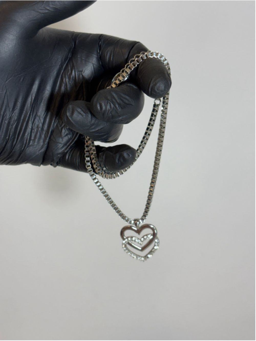 Silver Tone Double Heart Pendant Necklace Rhinestone Inset Box Chain Choker #B